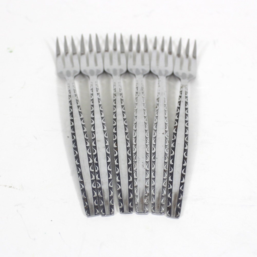 6 Vintage Stainless Cocktail Forks, Mid Century Modern Scroll Black Detail Steel